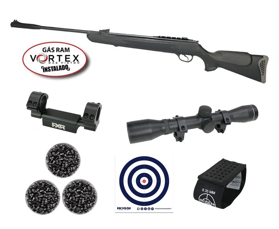 Carabina de Pressão Hatsan HT 125 Gas Ram Vortex 6.35mm Rossi + Luneta 4x32 + Mount Anti impacto + Alvos + 3 Caixas de Chumbinho + Porta Chumbinho