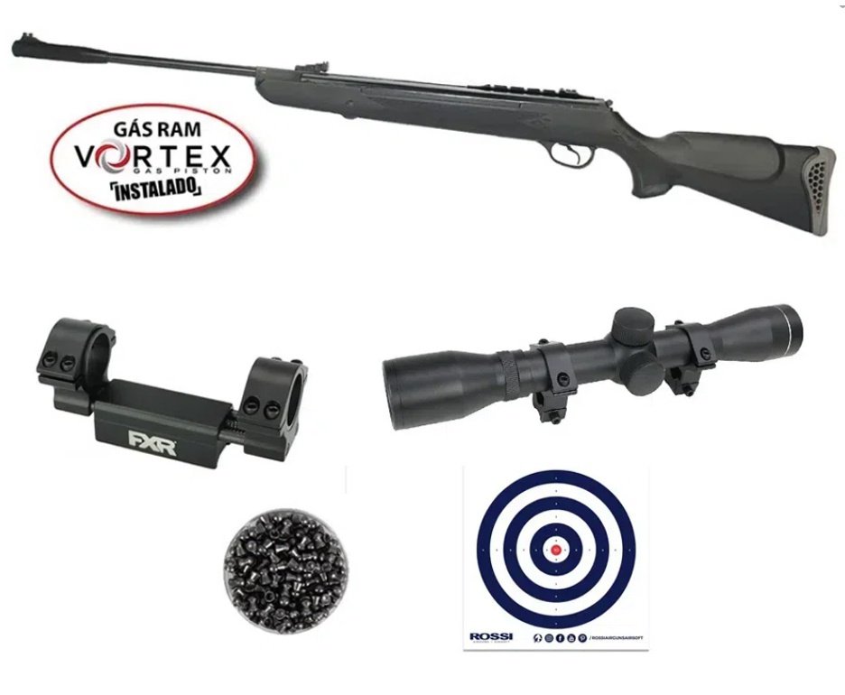 Carabina de Pressão Hatsan HT 125 Gas Ram Vortex 6.35mm Rossi + Luneta 4x32 + Mount Anti Impacto + Alvos + 01 Caixa de Chumbo