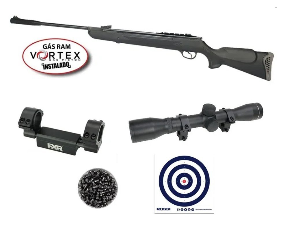Carabina de Pressão Hatsan HT 125 Gas Ram Vortex 6.35mm Rossi + Luneta 4x32 + Mount Anti Impacto + Alvos + 01 Caixa de Chumbo