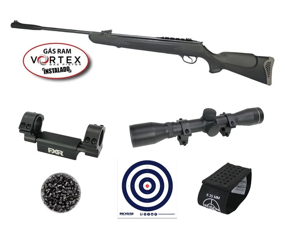 Carabina de Pressão Hatsan HT 125 Gas Ram Vortex 6.35mm Rossi + Luneta 4x32 + Mount Anti Impacto + Alvos + 01 Caixa de Chumbo + Porta chumbo