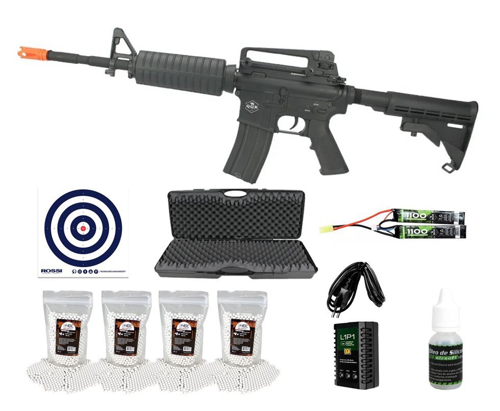 Rifle de Airsoft Elétrico AEG M4A1 Full Metal FM-01 6mm APS QGK + Bateria 7.4 + Carregador + Case + BBs 0,20 + BBs 0,25 + Oleo de Silicone + Alvos