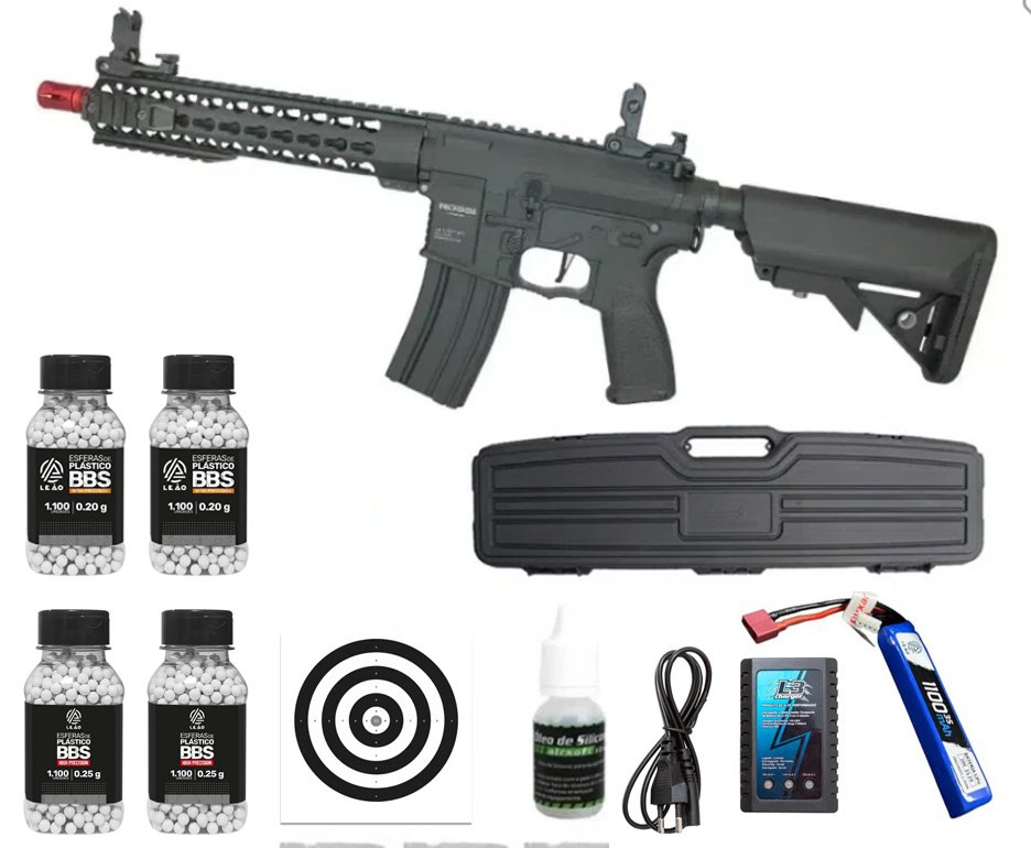 Rifle de Airsoft AR15 Neptune 10" Short ET Keymod 6mm Rossi + Case Rígido + BBs 0,20 + BBs 0,25 + Óleo de Silicone + Alvos