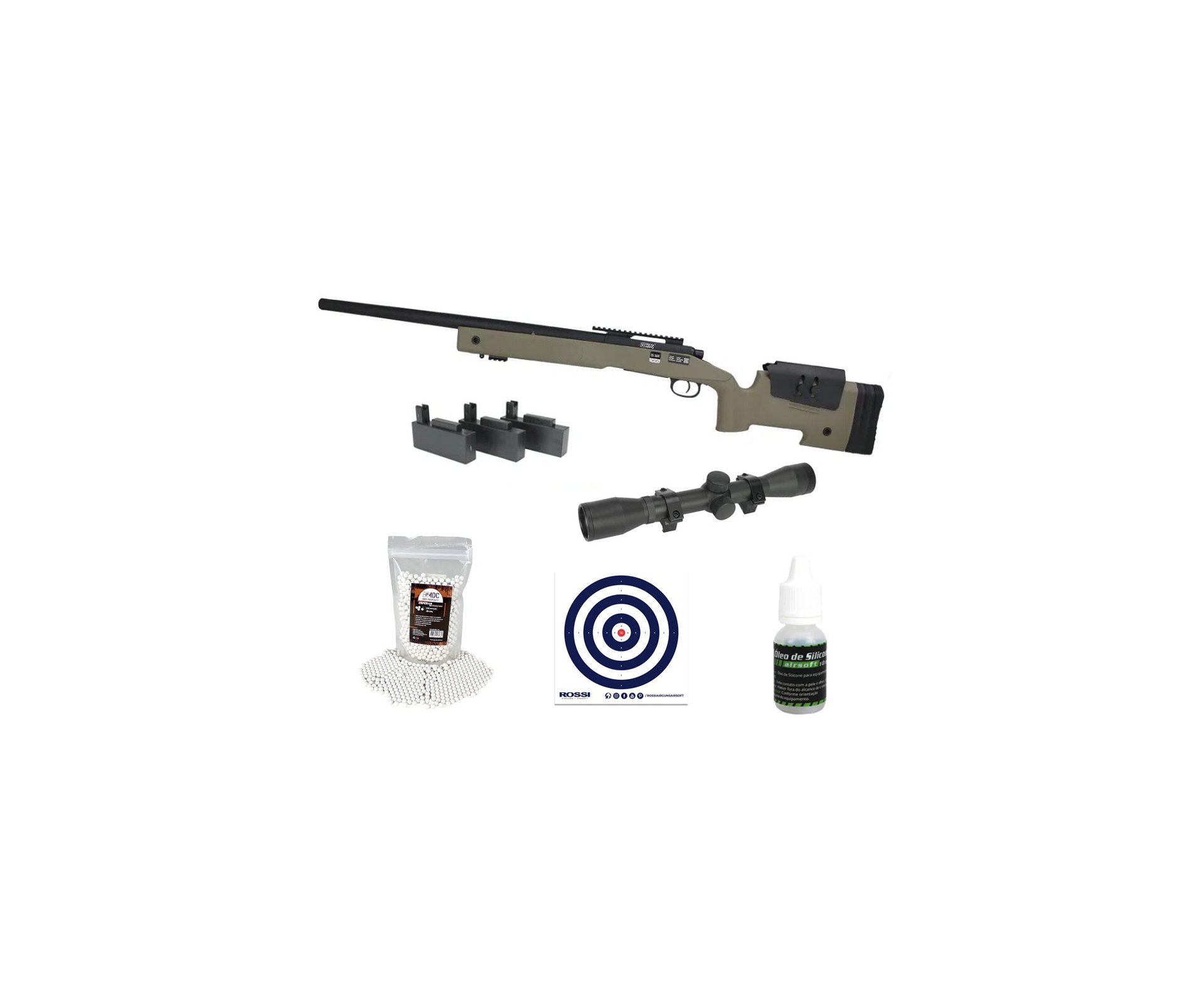 Rifle de Airsoft Sniper M40 SA-S02 Core S-Series TAN Spring 6mm - Specna Arms + Luneta 4x32 + BBs + Óleo de silicone + Alvos