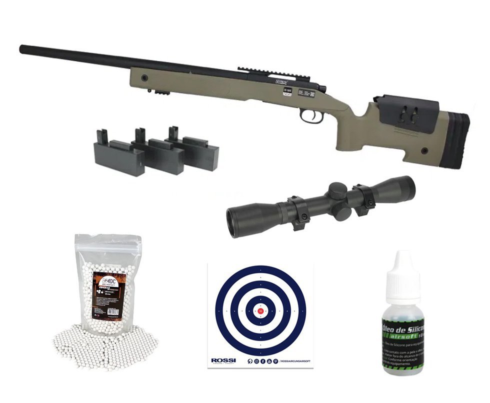 Rifle de Airsoft Sniper M40 SA-S02 Core S-Series TAN Spring 6mm - Specna Arms + Luneta 4x32 + BBs + Óleo de silicone + Alvos