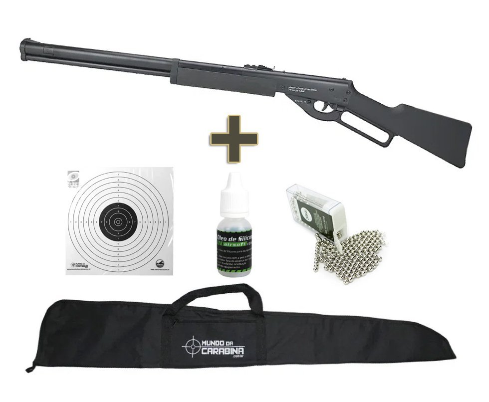 Carabina de Pressão Cowboy Lever Action Black 4.5mm Spring - Rossi + Capa + Esfera + Alvos + Óleo de Silicone