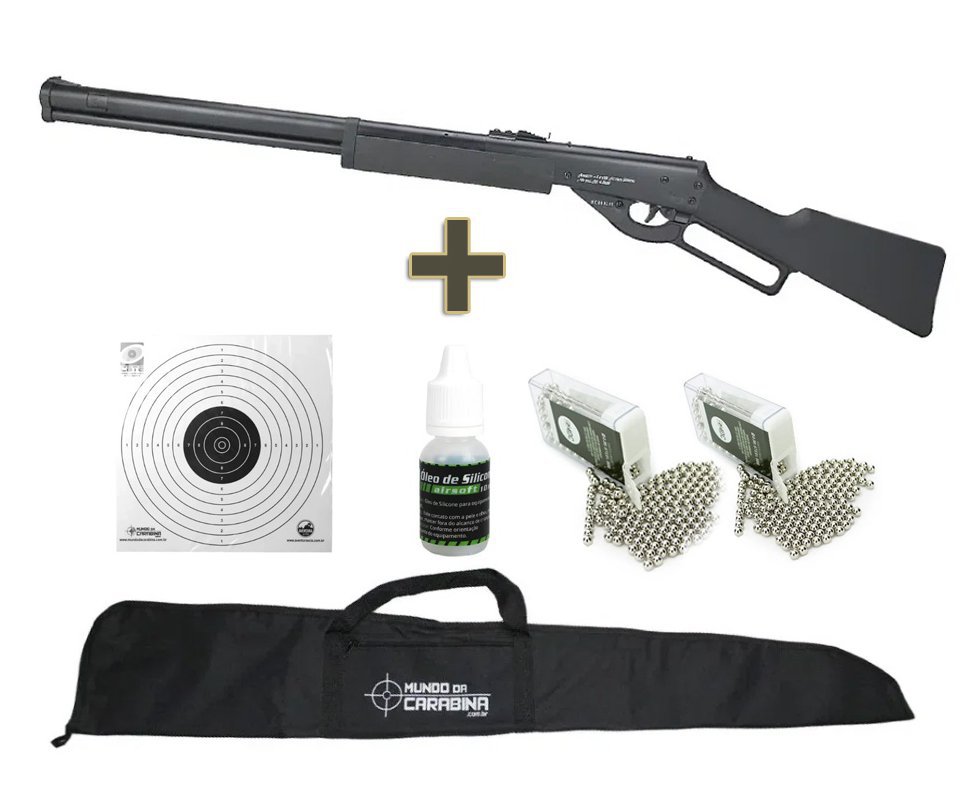 Carabina de Pressão Cowboy Lever Action Black 4.5mm Spring - Rossi + Capa + 2cx de Esferas + Alvos + Óleo de Silicone