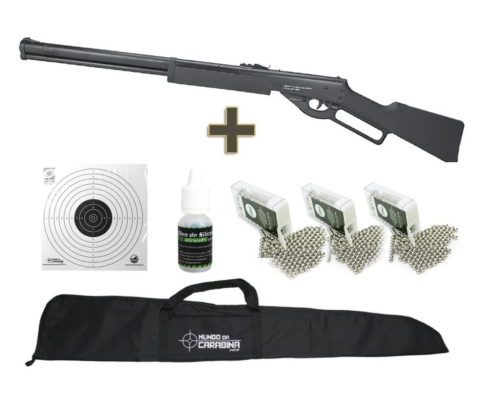 Carabina de Pressão Cowboy Lever Action Black 4.5mm Spring - Rossi + Capa + 3cx de Esferas + Alvos + Óleo de Silicone