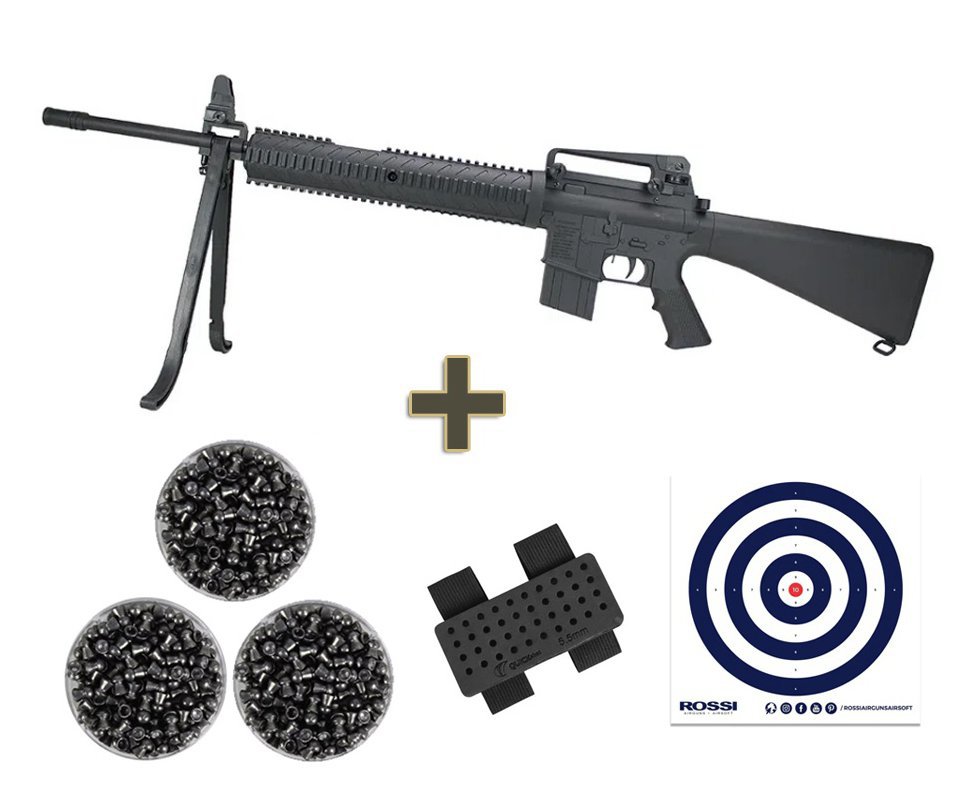 Carabina de Pressão EKOL M16 RIS MC550 Nitro 5.5mm Tactical + Chumbinho + Alvos + Porta chumbinho