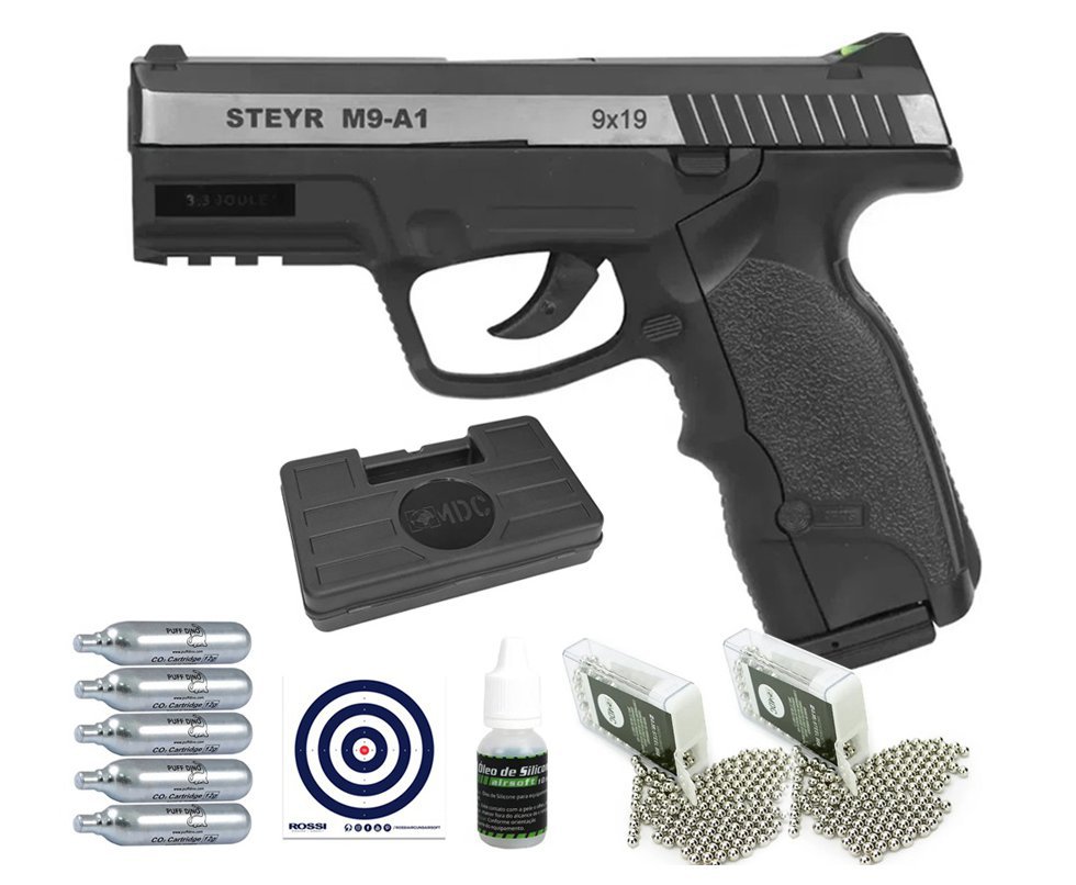 Pistola De Pressão Co2 Asg Steyr M9-ai Dual Tone Slide Metal 4,5 + Co2 + Esferas de aço + Alvos + Óleo de Silicone + Case