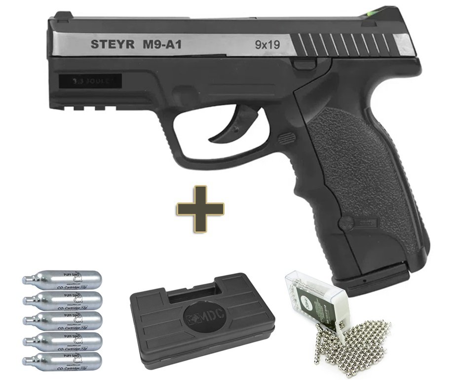 Pistola De Pressão Co2 Asg Steyr M9-ai Dual Tone Slide Metal 4,5mm + Esferas + Co2 + Case