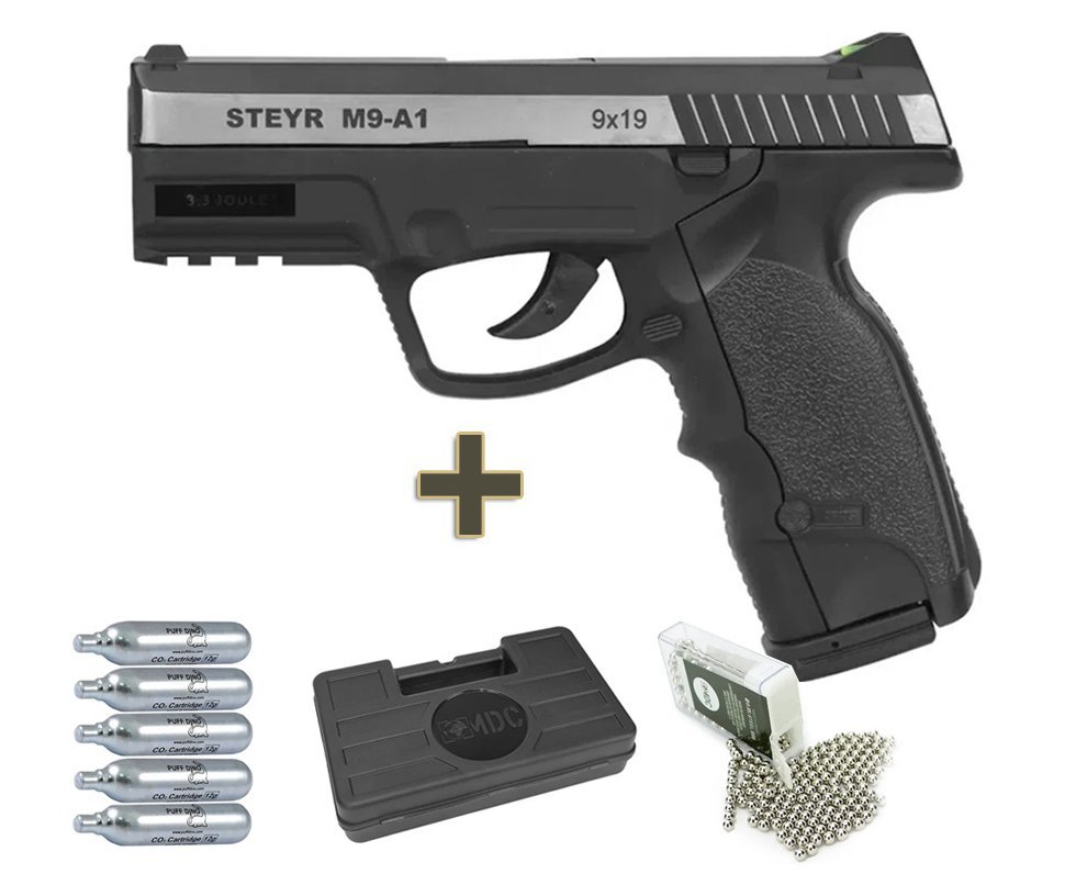 Pistola De Pressão Co2 Asg Steyr M9-ai Dual Tone Slide Metal 4,5mm + Esferas + Co2 + Case
