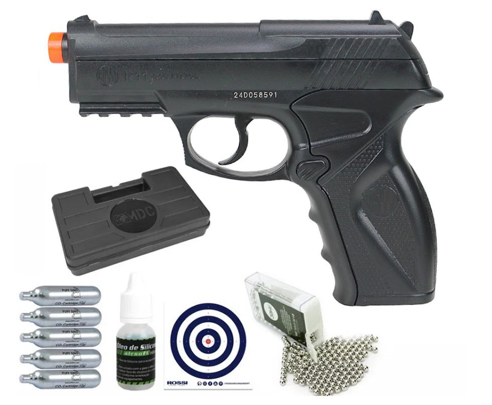 Pistola de Pressão CO2 C11 Esferas de Aço 6mm - Wingun + CO2 + Esferas de Aço + Óleo de Silicone + Case + Alvos
