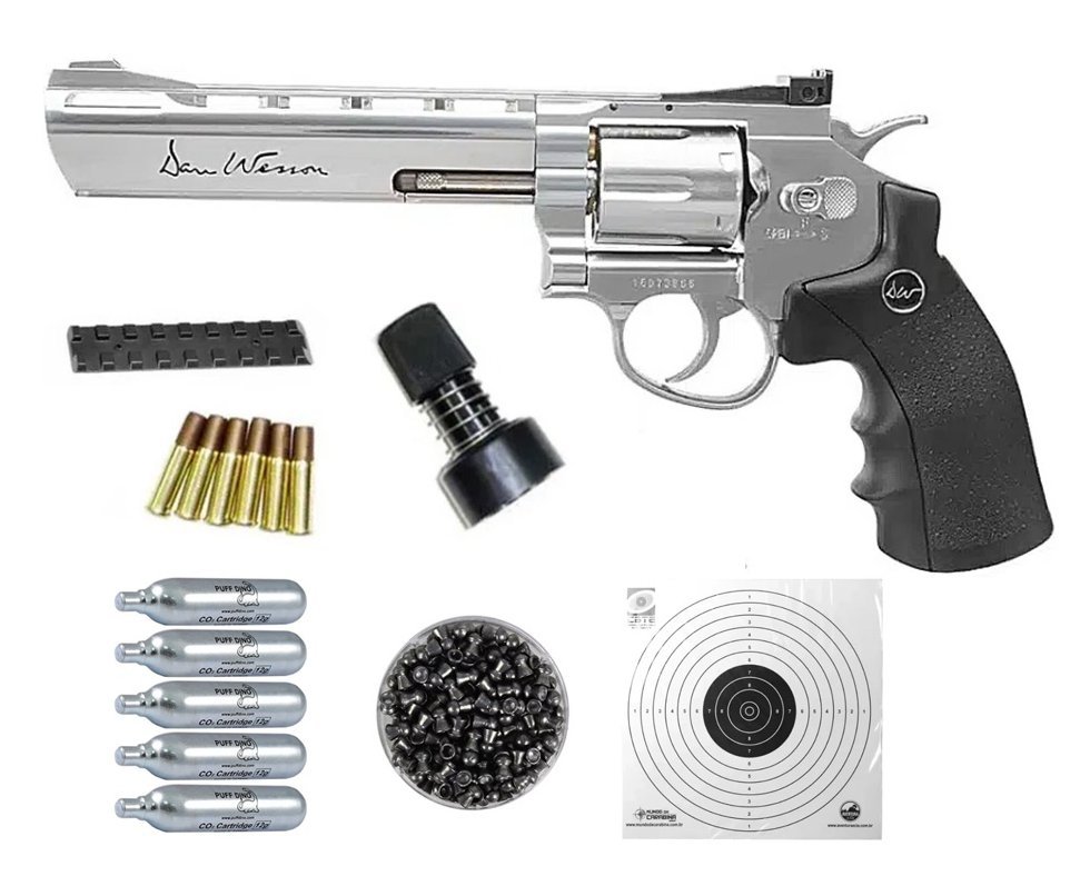 Revólver de Pressão CO2 Dan Wesson 6" Full Metal 6 Tiros 4.5 - ASG + CO2 + Chumbinho + Alvo