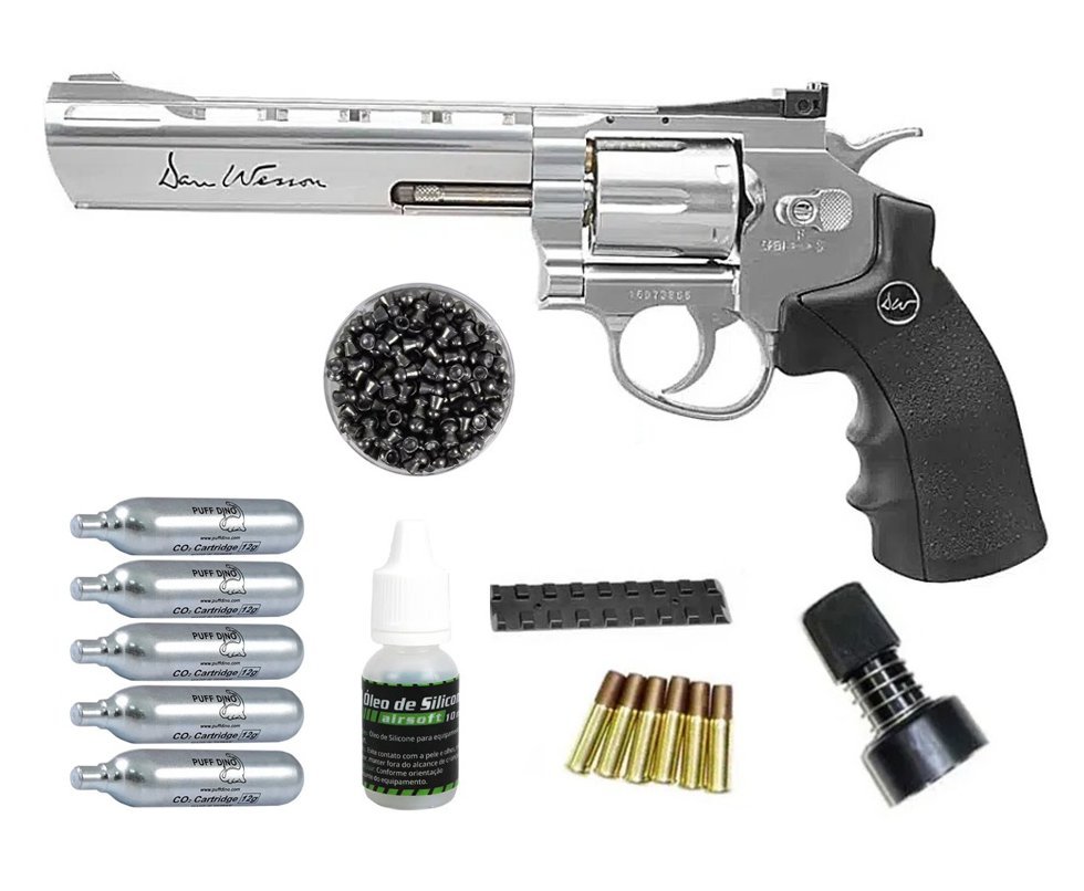 Revólver de Pressão CO2 Dan Wesson 6" Full Metal 6 Tiros 4.5 - ASG + CO2 + Chumbinho + Óleo de Silicone