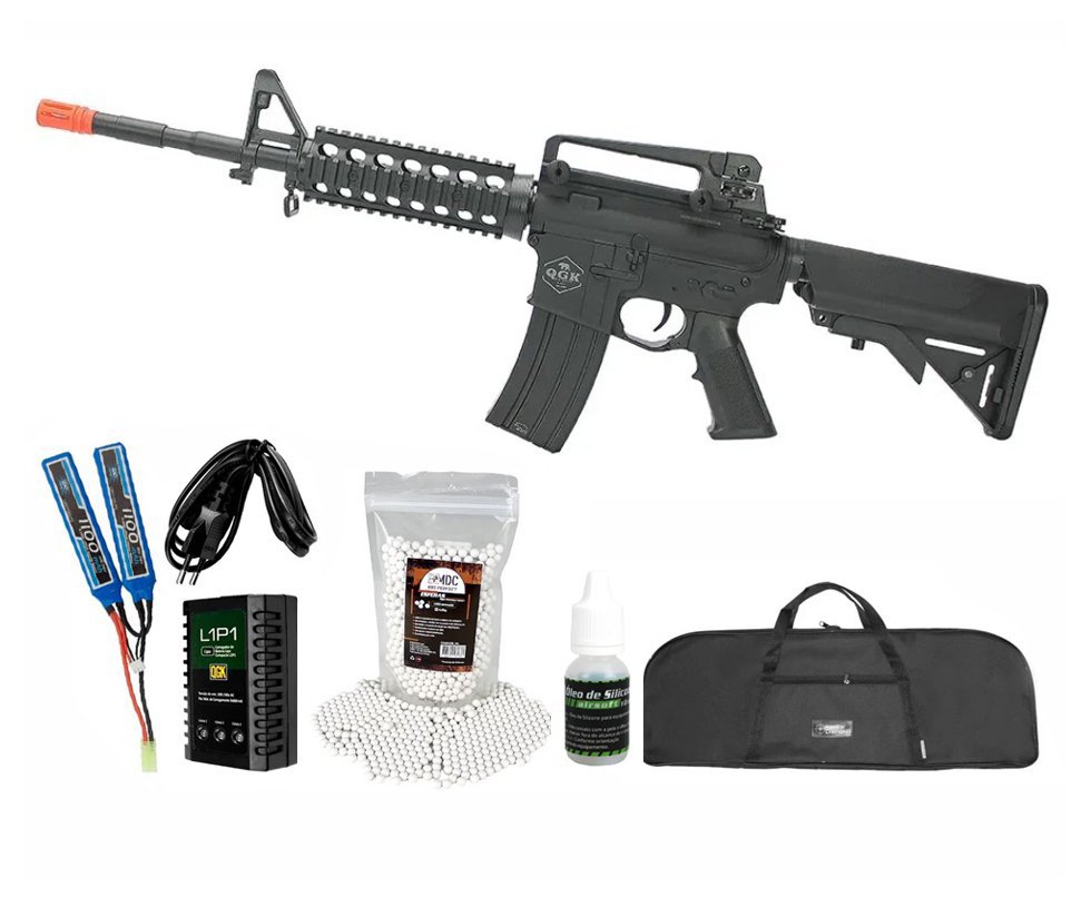 Rifle de Airsoft Eletrico AEG M4 RIS Long Yankee S-16mm - QGK + Bateria + Carregador + Capa + BBs + Óleo de silicone
