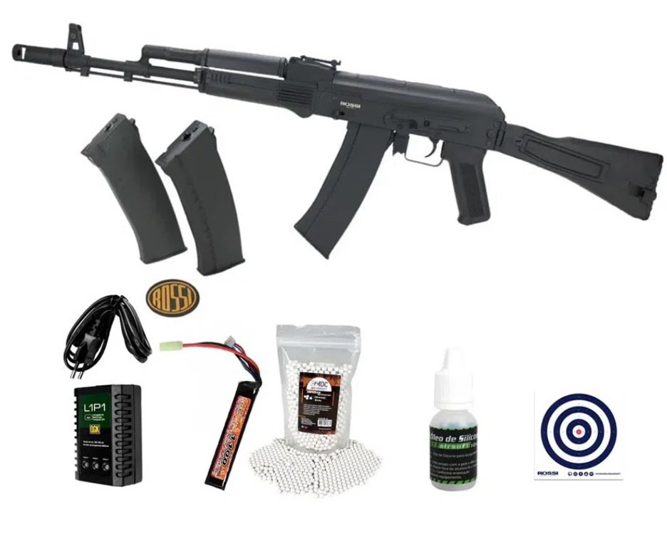 Rifle de Airsoft Neptune AK74 Mosfet Full Metal 6mm - Rossi + Bateria + Carregador + BB'S + Óleo de Silicone + Alvos