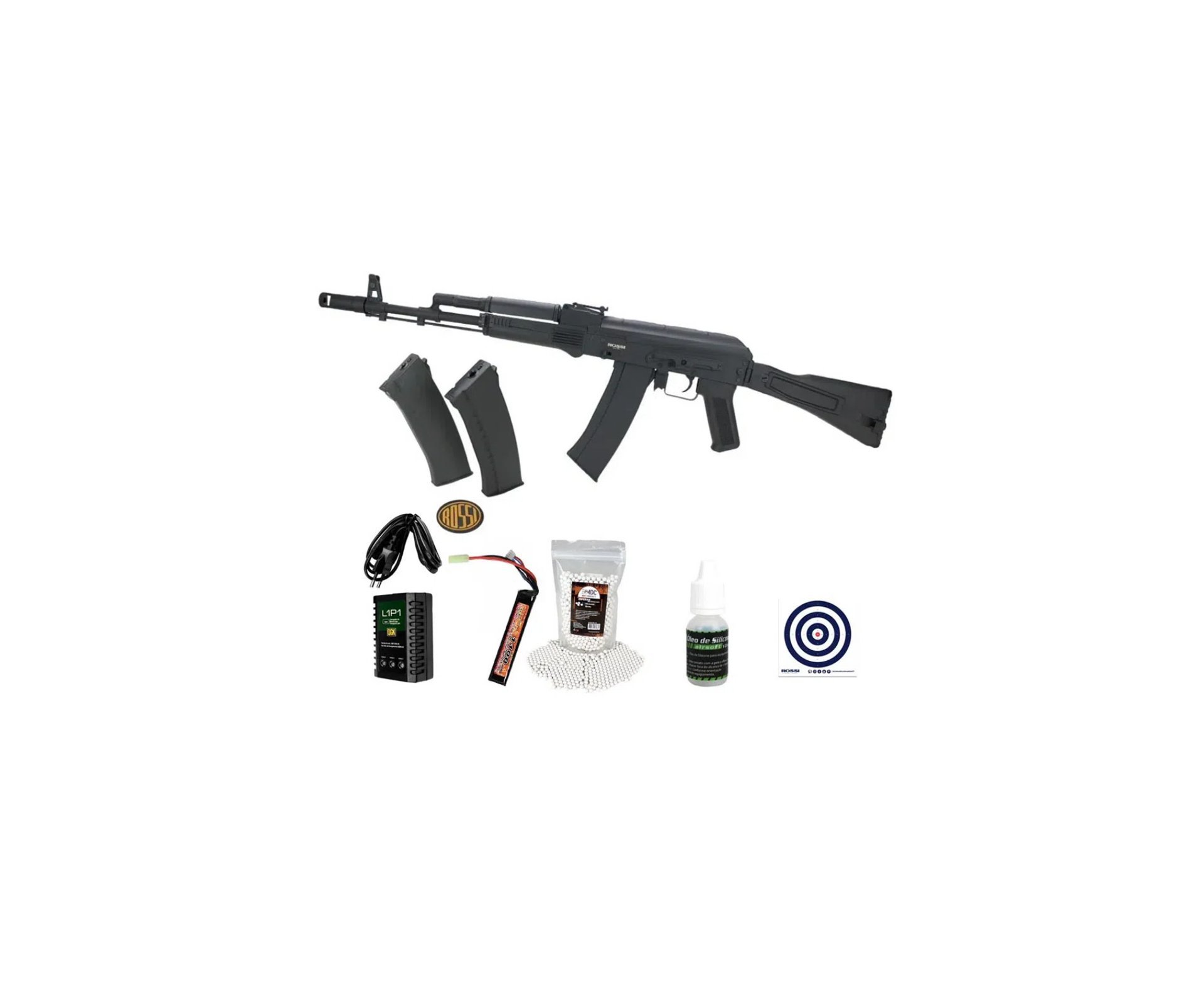 Rifle de Airsoft Neptune AK74 Mosfet Full Metal 6mm - Rossi + Bateria + Carregador + BB'S + Óleo de Silicone + Alvos