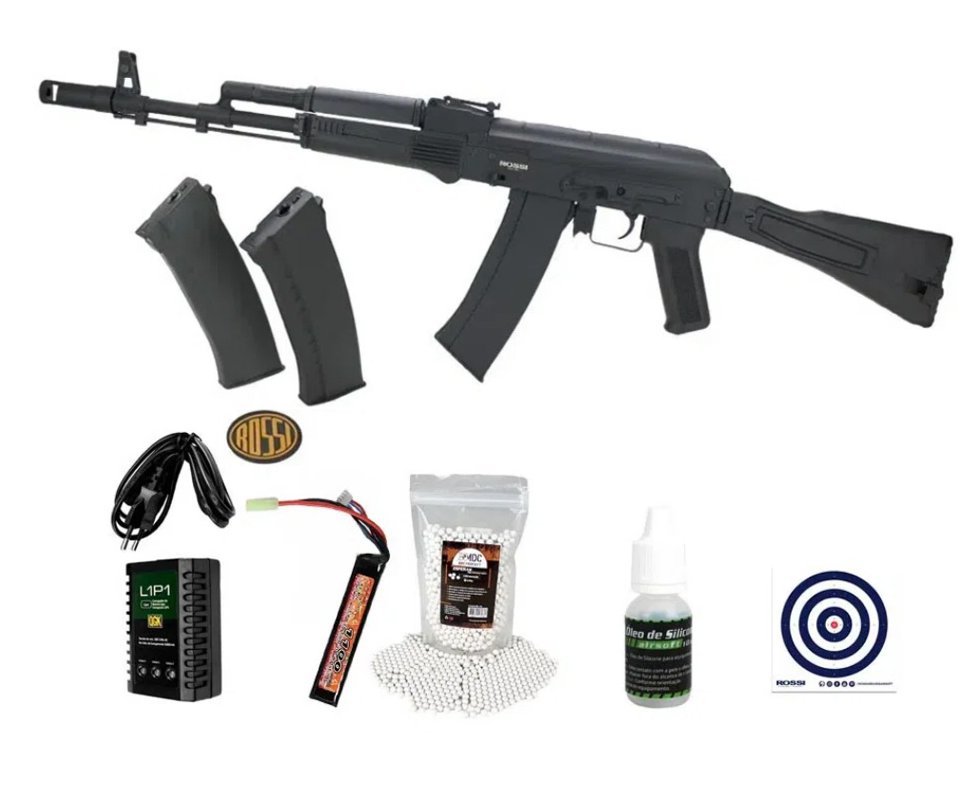 Rifle de Airsoft Neptune AK74 Mosfet Full Metal 6mm - Rossi + Bateria + Carregador + BB'S + Óleo de Silicone + Alvos