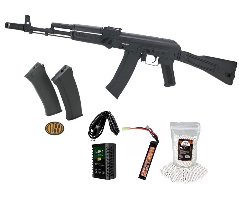 Rifle de Airsoft Neptune AK74 mosfet Full Metal 6mm - Rossi + Bateria + Carregador + BBs
