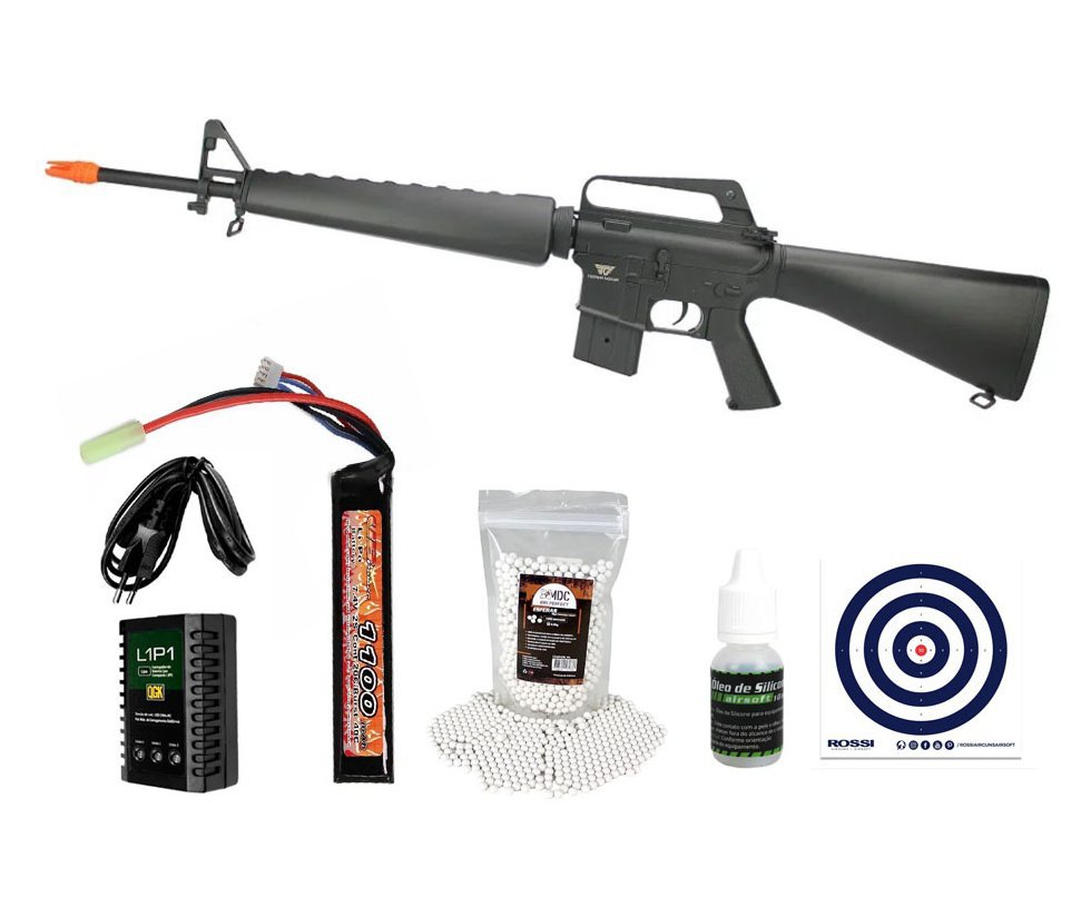 Rifle De Airsoft M16a1 Ar 15 Vietnã Cal 6.0mm Aeg Jing Gong + Bateria + Carregador + BBs + Óleo de silicone + Alvos