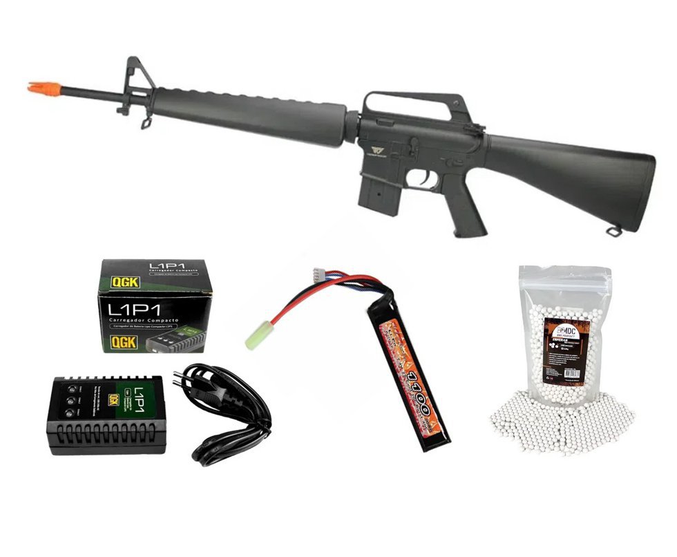 Rifle De Airsoft M16a1 Ar 15 Vietnã Cal 6.0mm Aeg Jing Gong + Bateria + Carregador + BBs