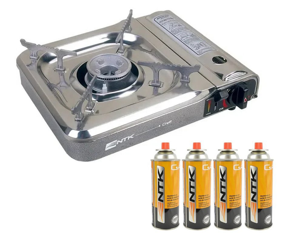 Fogareiro Cheff Com Base Inox E Controle De Saida De Gas - Nautika + Kit Refil Gás 4 Und