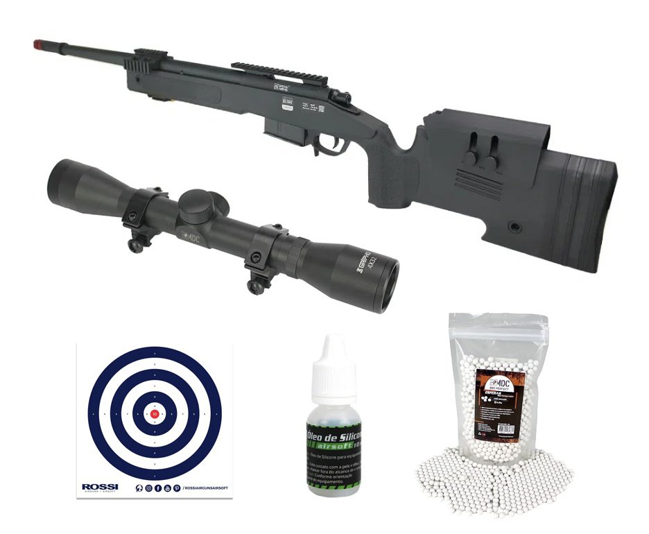 Rifle de Airsoft Sniper M40 A5 SA-S03 Core S-Series Black 6mm - Specna Arms + Luneta 4x32 + BB’S + Óleo de Silicone + Alvos