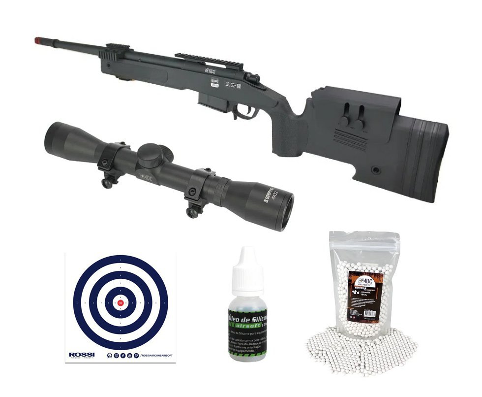 Rifle de Airsoft Sniper M40 A5 VSR10 SA-S03 Core S-Series Black - Specna Arms +Luneta 4x32 + BBs + Óleo de Silicone + Alvos