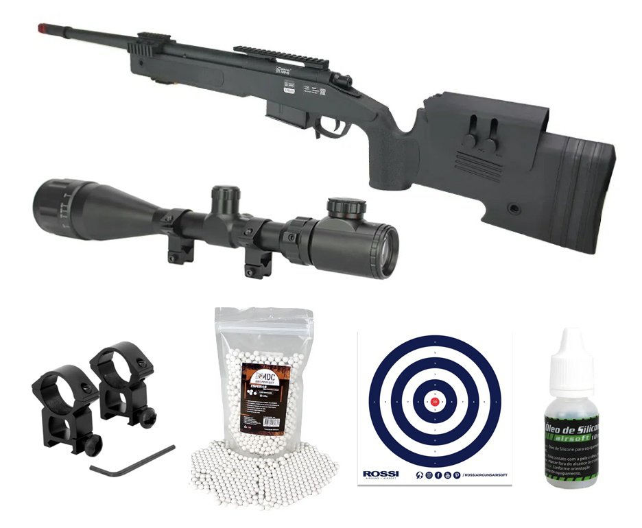 Rifle de Airsoft Sniper M40 A5 SA-S03 Core S-Series Black 6mm - Specna Arms + Luneta 4-16x50 + BB’S + Óleo de Silicone + Alvos
