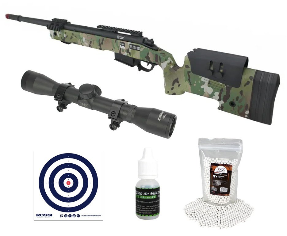 Rifle de Airsoft Sniper M40 A5 SA-S03 Core S-Series Multicam 6mm - Specna Arms + Luneta 4x32 + BB’S + Óleo de Silicone + Alvos