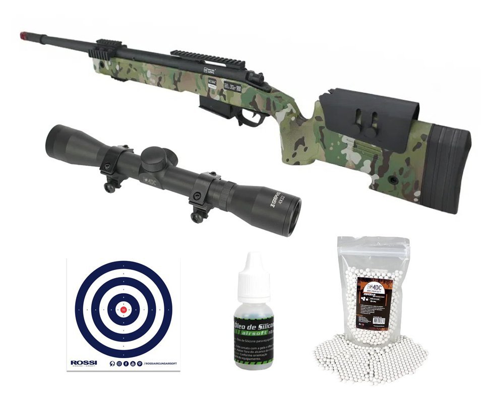 Rifle de Airsoft Sniper M40 A5 VSR10 SA-S03 Core S-Series Multicam - Specna Arms + Luneta 4x32 + BBs + Óleo de Silicone + Alvos