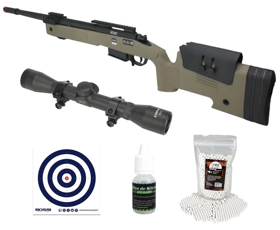 Rifle de Airsoft Sniper M40 A5 SA-S03 Core S-Series Tan 6mm - Specna Arms + Luneta 4x32 + BB’S + Óleo de Silicone + Alvos