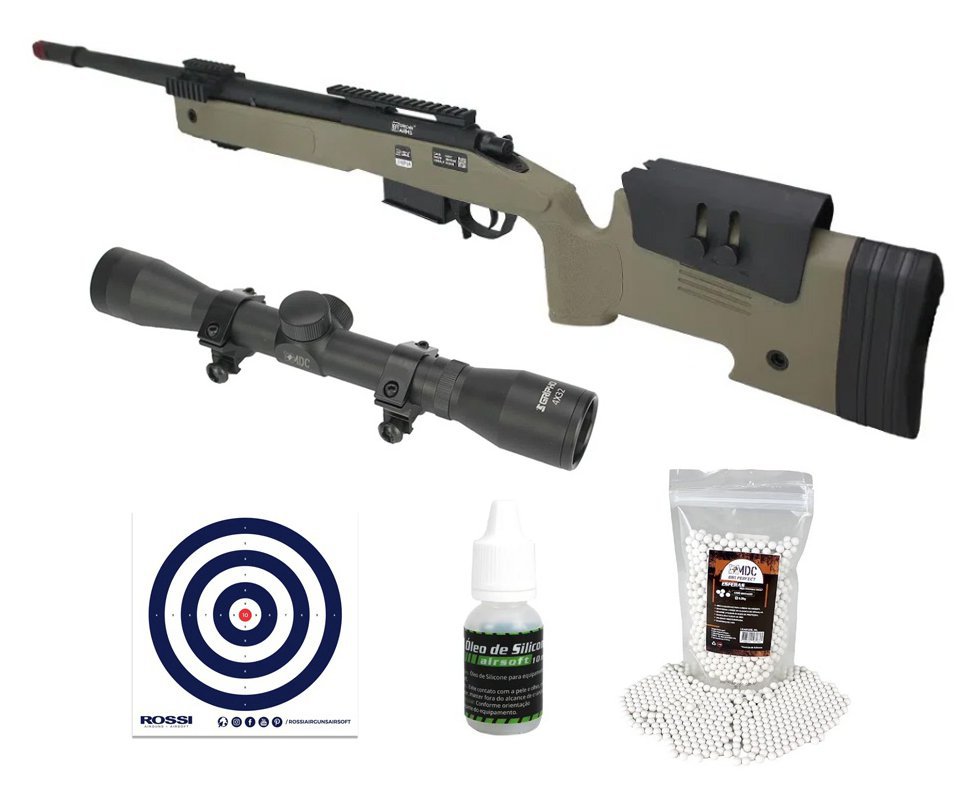 Rifle de Airsoft Sniper M40 A5 VSR10 SA-S03 Core S-Series TAN - Specna Arms + Luneta 4x32 + BBs + Óleo de Silicone + Alvos