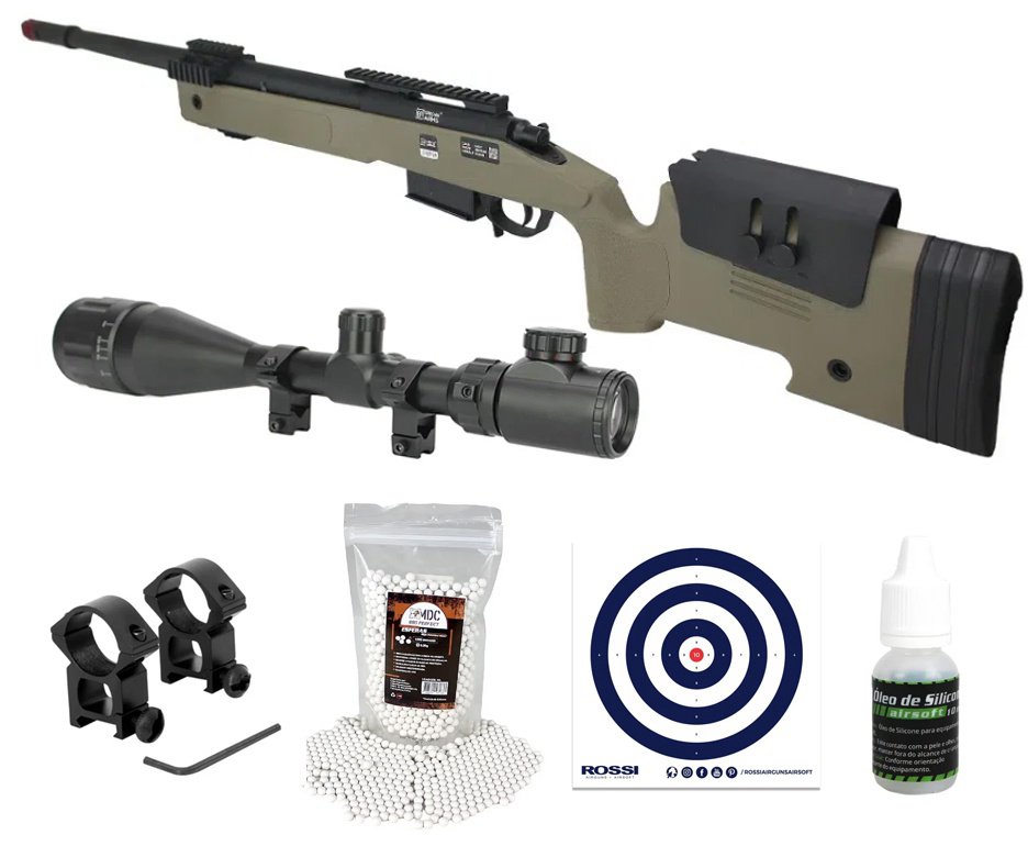 Rifle de Airsoft Sniper M40 A5 SA-S03 Core S-Series Tan 6mm - Specna Arms + Luneta 4-16x50 + BB’S + Óleo de Silicone + Alvos