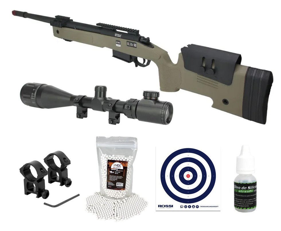 Rifle de Airsoft Sniper M40 A5 SA-S03 Core S-Series Tan 6mm - Specna Arms + Luneta 4-16x50 + BB’S + Óleo de Silicone + Alvos