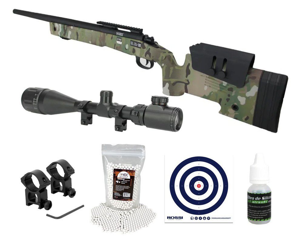 Rifle de Airsoft Sniper M40 SA-S02 Core S-Series Multicam Spring 6mm - Specna Arms + Luneta 4-16x50 + BB’S + Óleo de Silicone + Alvos