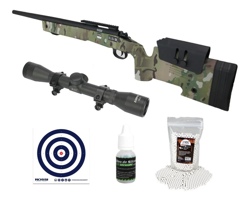 Rifle de Airsoft Sniper M40 SA-S02 Core S-Series Multicam Spring 6mm - Specna Arms + Luneta 4x32 + BB’S + Óleo de Silicone + Alvos