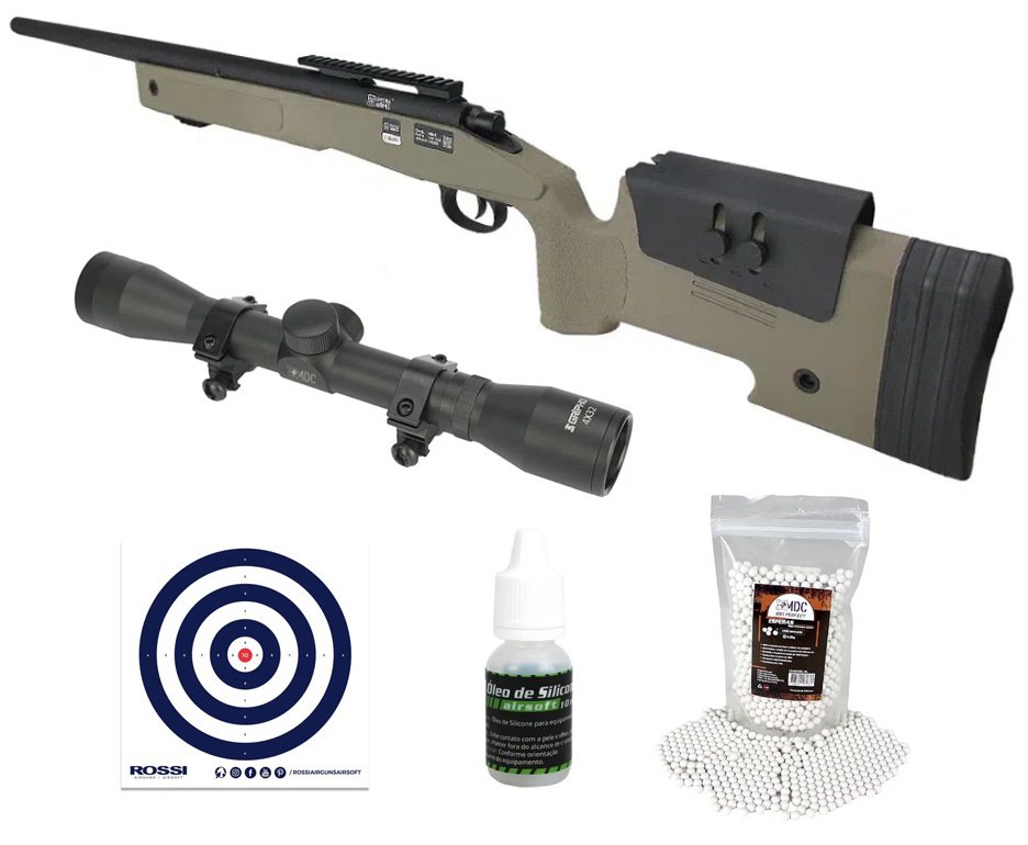 Rifle de Airsoft Sniper M40 SA-S02 Core S-Series Tan Spring 6mm - Specna Arms + Luneta 4x32 + BB’S + Óleo de Silicone + Alvos de Papel