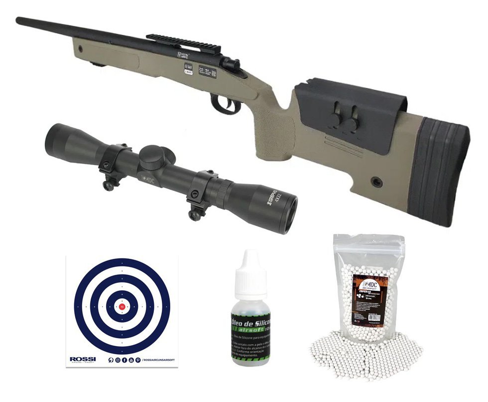 Rifle de Airsoft Sniper M40 SA-S02 Core S-Series TAN Spring 6mm - Specna Arms + Luneta 4x32 + BBs + Óleo de Silicone + Alvos