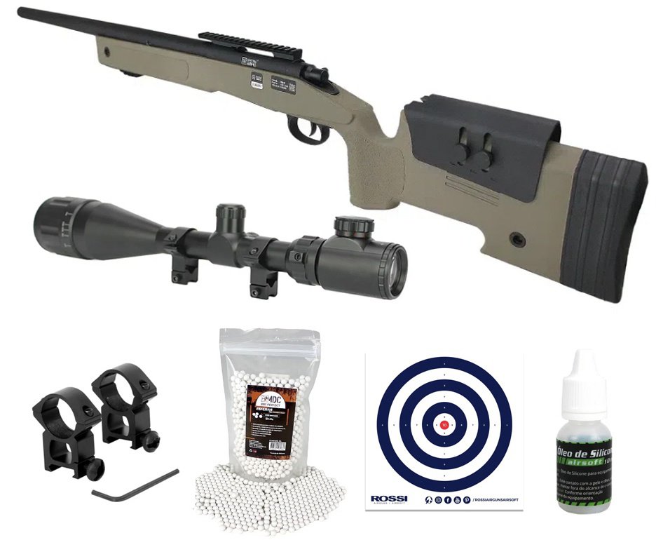 Rifle de Airsoft Sniper M40 SA-S02 Core S-Series Tan Spring 6mm - Specna Arms + Luneta 4-16x50 + BB’S + Óleo de Silicone + Alvos