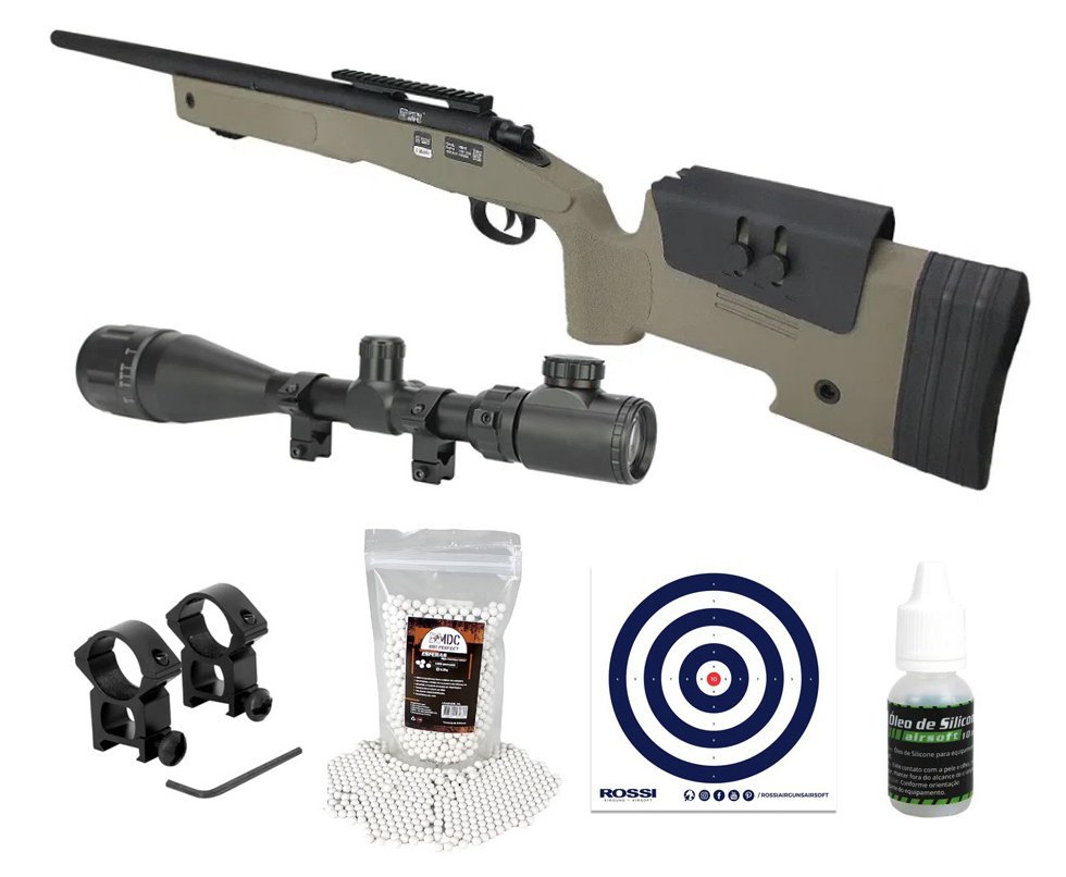 Rifle de Airsoft Sniper M40 SA-S02 Core S-Series TAN Spring 6mm - Specna Arms + BBs + Alvos + Óleo de Silicone + Luneta 4-16x50
