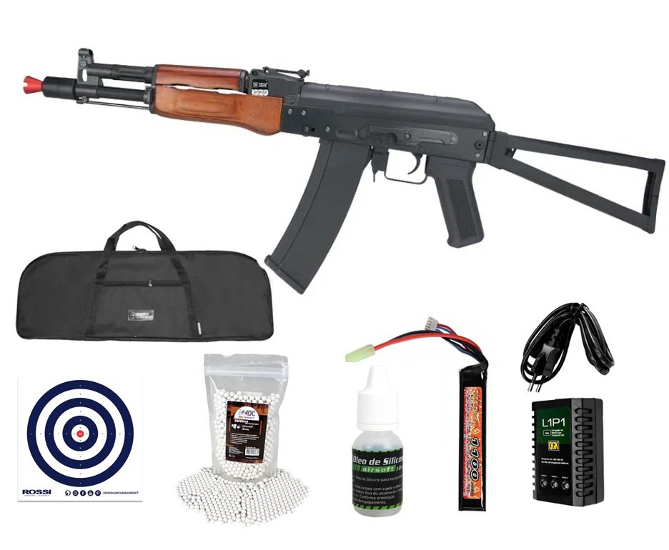 Rifle de Airsoft AEG AK74U WOOD Full Metal SA-J08 J-Series - Specna Arms + Bateria 7.4 + Carregador + Capa + BBs + Alvos + Óleo de silicone