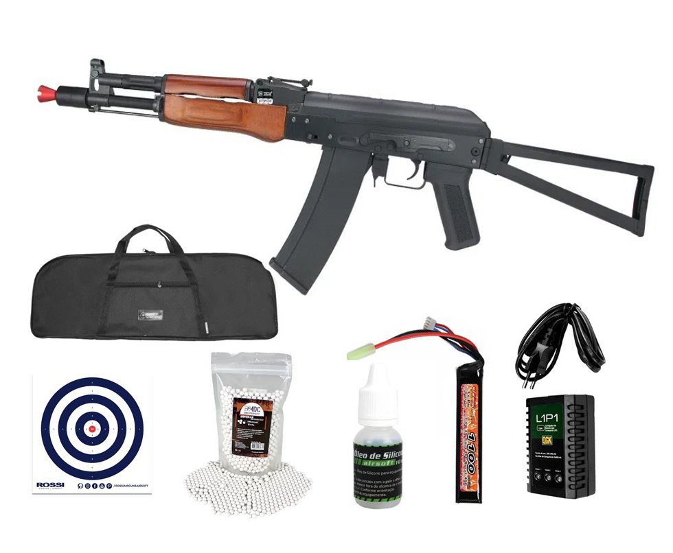 Rifle de Airsoft AEG AK74U WOOD Full Metal SA-J08 J-Series - Specna Arms + Bateria + Carregador + Capa + BB’S + Alvos + Óleo de Silicone