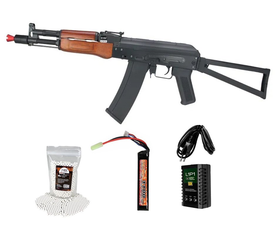 Rifle de Airsoft AEG AK74U WOOD Full Metal SA-J08 J-Series - Specna Arms + Bateria + Carregador + BB’S