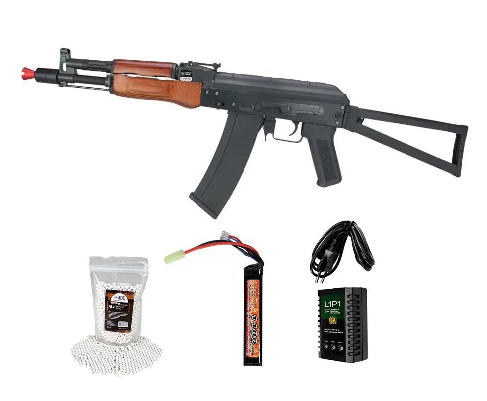 Rifle de Airsoft AEG AK74U WOOD Full Metal SA-J08 J-Series - Specna Arms + Bateria + Carregador + BB’S