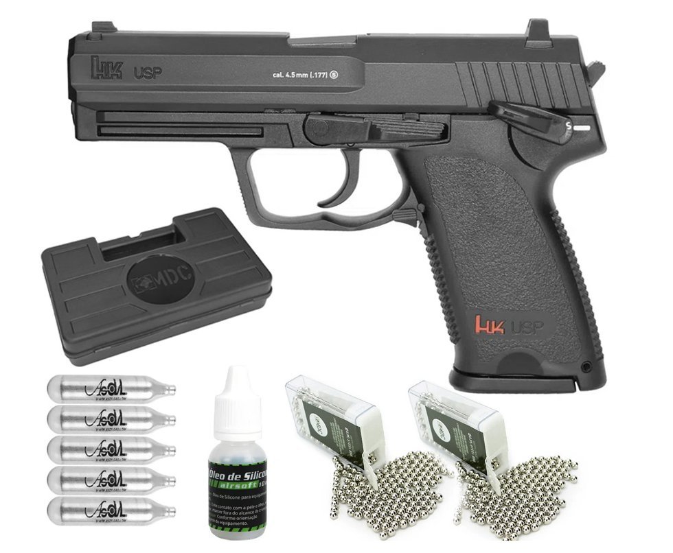 Pistola De Pressão Co2 Hk Usp Full Metal 4,5mm + Co2 + Munição + Case + Óleo de silicone