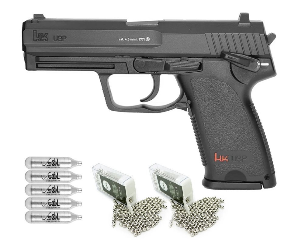 Pistola De Pressão Co2 Hk Usp Full Metal 4,5mm + Co2 + Esferas de aço