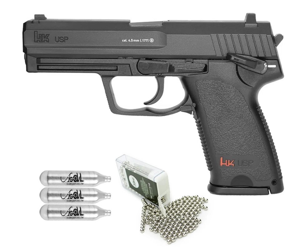 Pistola De Pressão Co2 Hk Usp Full Metal 4,5mm + 300 Esferas + 3 Co2