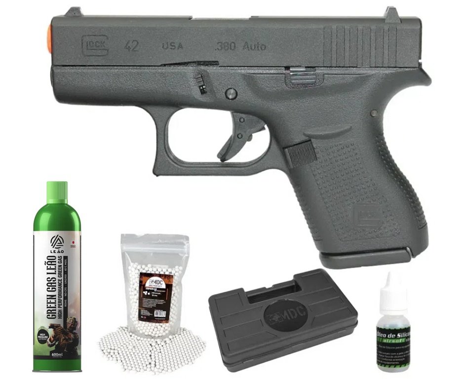 Pistola de Airsoft Glock G42 GBB Green Gas Blowback 6mm - Umarex + BB’S + Green Gas + Case + Óleo de Silicone