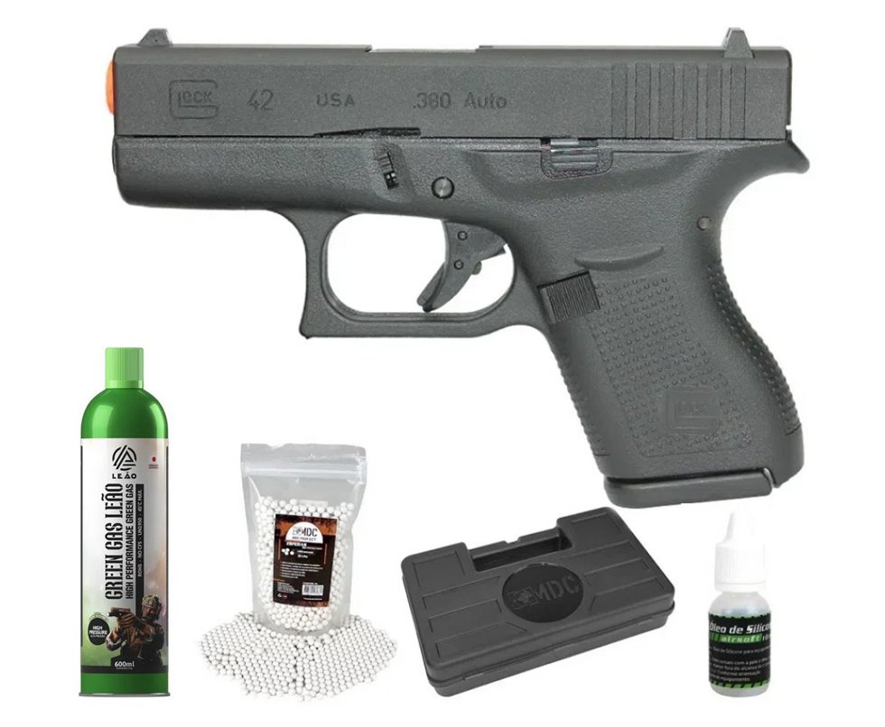 Pistola de Airsoft Glock G42 GBB Green Gas Blowback 6mm - Umarex + BB’S + Green Gas + Case + Óleo de Silicone